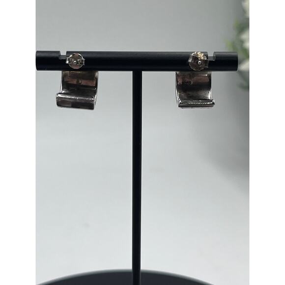 Vintage Sterling Silver 925 Inlaid Mother of Pearl Half Hoop Huggie Earrings - Picture 4 of 11